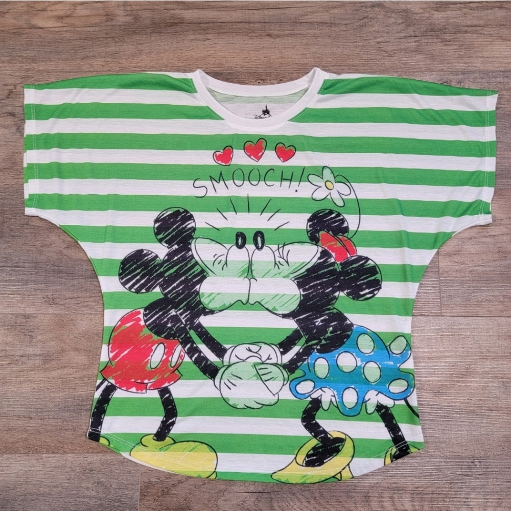 DISNEY PARKS Shirt Mickey Minnie Smooch Green White Striped SS Womens Size Small